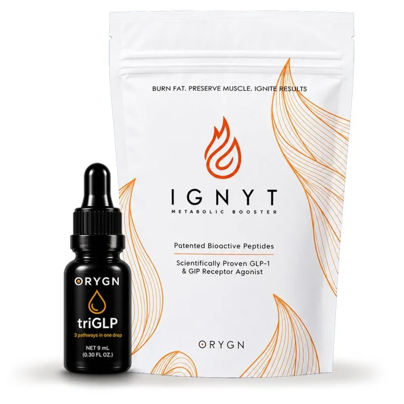 ORYGN triGLP sublingual drops and IGNYT metabolic booster pouch for fat burning and GLP-1 weight loss support